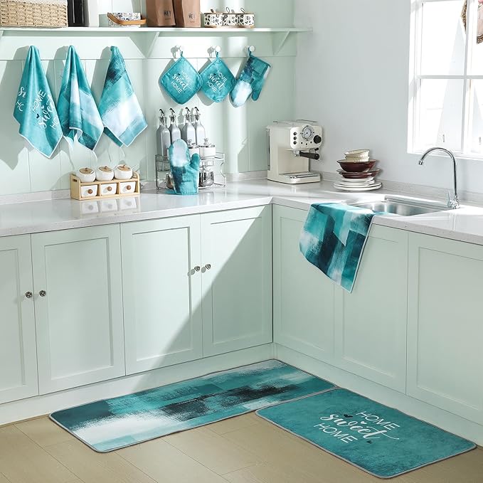 Fourluoo 10 Pcs Teal Turquoise Oven Mitts and Pot Holders Kitchen Decor and Accessories Set Turquoise Kitchen Towels Modern Boho Oven Gloves for Home Decorations Cooking Baking Housewarming Gifts