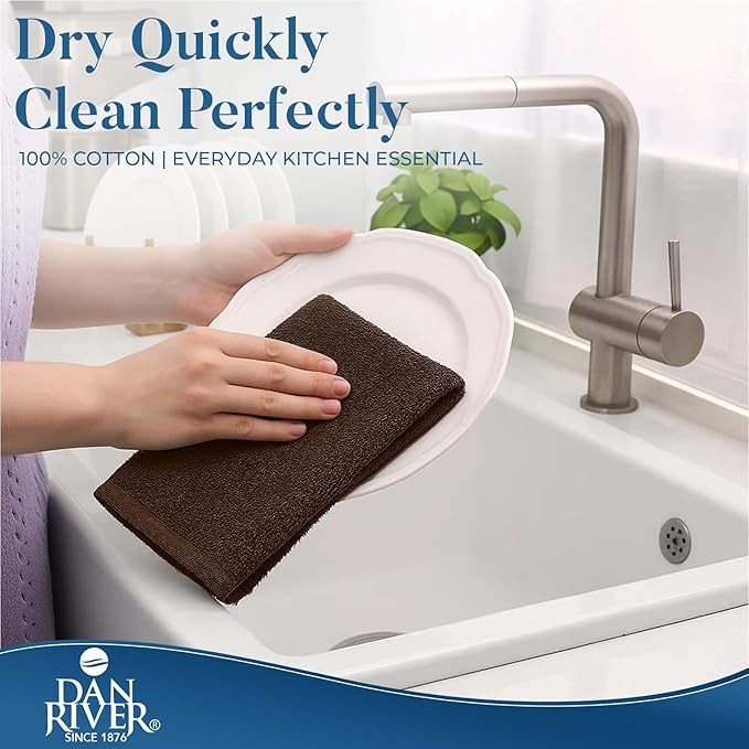 DAN RIVER Kitchen Bar Mops,Pack of 12,16 by 19 Inches,100% Cotton Super Absorbent,Multi-Purpose Cleaning Towels for Home and Kitchen Bars-Brown