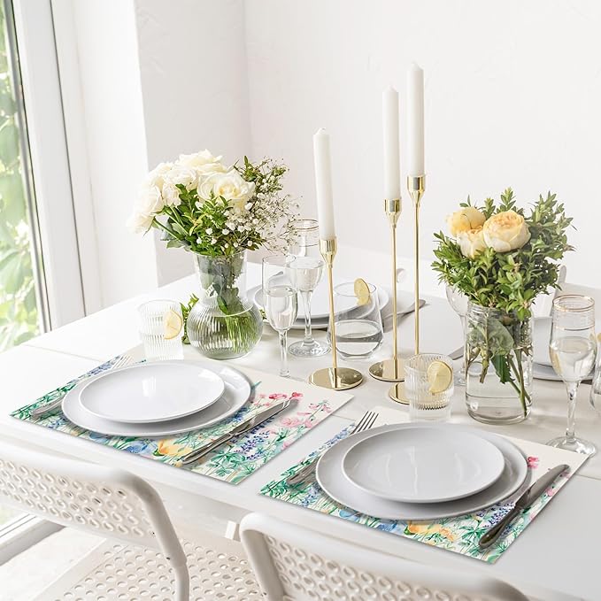 Set of 4 Orchid and Wild Flower Placemats, 12 x 18 Inch Rectangle Floral Table Mats, Linen Fabric Placemat for Indoor & Outdoor Kitchen Dining Home Decor -05