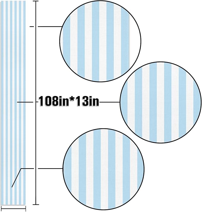 Light Blue and White Cabana Striped Table Runner Coastal Theme Wedding Party Decoration Birthday Baby Shower Dining Room Home Kitchen Table Decor 108In