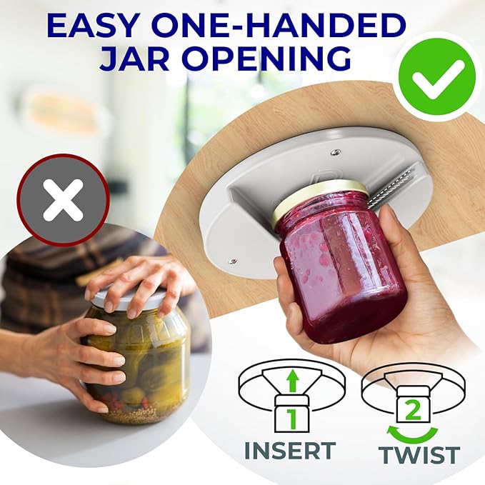 Under Cabinet Lid Jar Opener - for Weak Hands and Seniors with Arthritis - Heavy Duty, Allows to Easily Unscrew Any-Size Lid - Effortless Bottle & Can Opener for your Kitchen