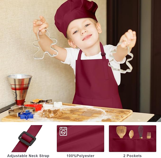 Kids Apron and Chef Hat Set, 16 Pieces Boys Girls Kids Apron with 2 Pockets Adjustable for Cooking Classroom Baking Painting, 6-13 Years, Bright Color