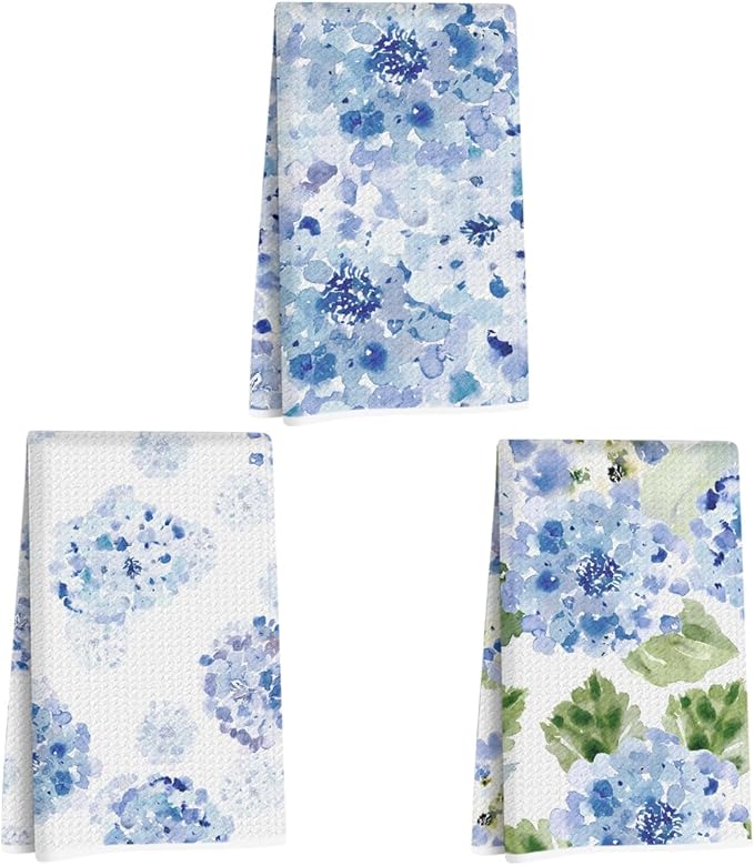 ZHAMEN 3 Pcs Blue Hydrangea Kitchen Towels, Watercolor Decorative Absorbent Microfiber Dish Cloth Tea Towel, Rustic Waffle Soft Hand Towels for Farmhouse Home Bathroom, Housewarming Gifts for Women