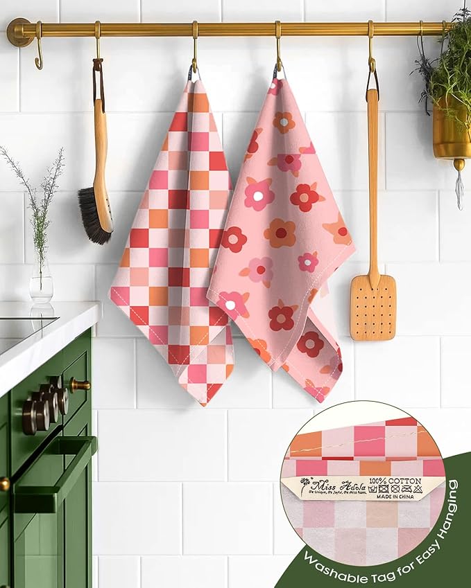Miss Adola 2 Pack Flour Sack Kitchen Towels - 16x26 Inch Cotton Dish Towels with Hanging Loop Reusable Geometric Boho Modern Retro Tea Towel Absorbent Dishcloths Home Decor, PK Checkered Flower