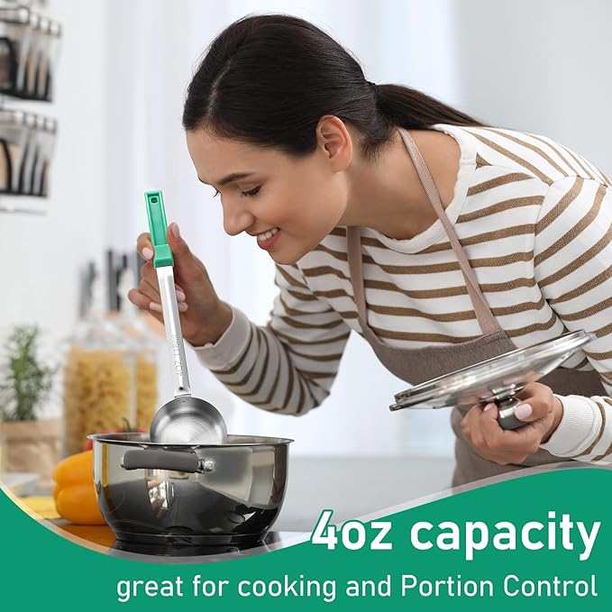 Teenyyou 8 Pcs Portion Control Serving Spoons Portion Scoops Cups Solid and Slotted Stainless Steel Ladle Spoon for Food, Serving Utensils Set for Parties(Green,4 oz)