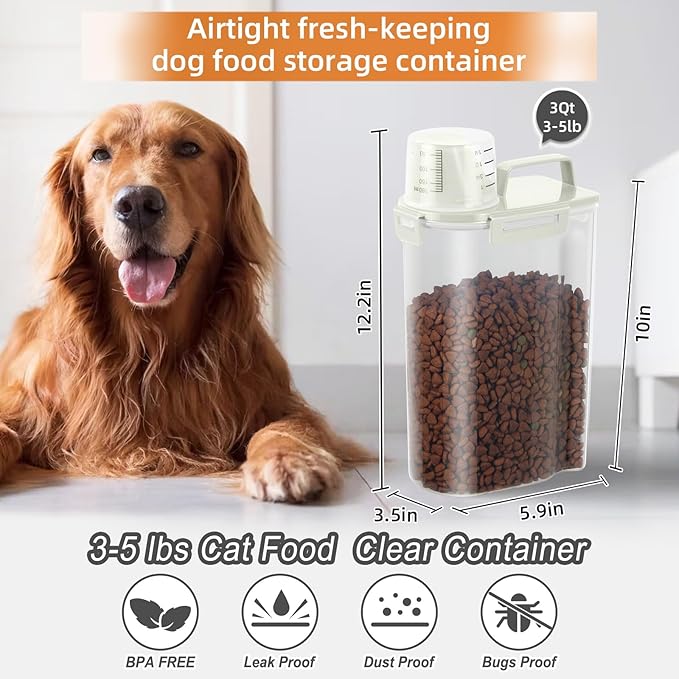 LEAWALK 3-5Lbs Airtight Small Cat Dog Pet Food Storage Containers BPA Free, with Large Pour Spout/1 Measuring Cup/ 4 Safety Locks and Double-layer Silicone Strip (Off White 2Pack)
