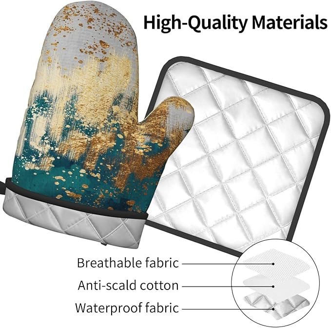 Green Gold Abstract Art Oven Mitts & Pot Holders Sets of 3, Heat Resistant Modern Teal Gold Oven Gloves and Hot Pads for Kitchen Cooking Baking Grilling, Gifts for Women, Holiday Kitchen Home Decor