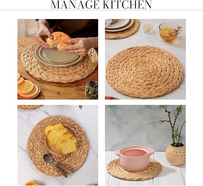 Laquedecraft 13.8" Set of 6 Round Water Hyacinth Placemats | Boho Woven Rattan Table Mats | Farmhouse Wicker Spring Plate Chargers Like Water Hyacinth, Seagrass for Wedding, Party, Christmas, Events