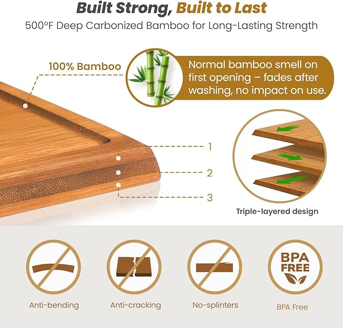 Bamboo Cutting Board Set of 3, Durable Wooden Chopping Boards with Distinctive Stand & Juice Grooves, Ideal for Meat, Vegetables, Fruit, Charcuterie Prep & Serving, Kitchen Essentials, Gifts for Mom