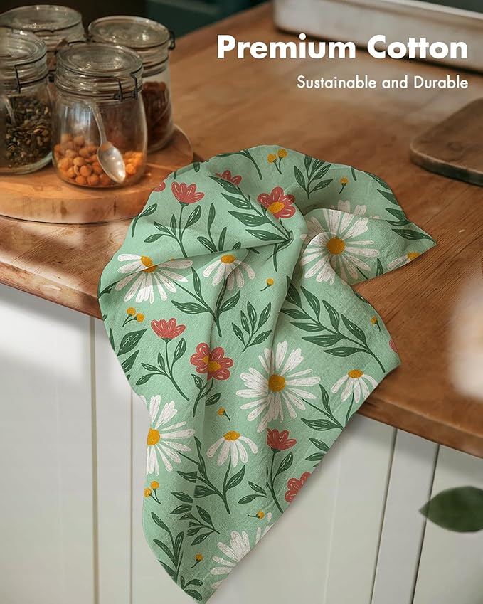 Miss Adola Flour Sack Kitchen Towels - Set of 2 Cotton Dish Towels with Hanging Loop Decorative 18x26 Inch Absorbent Cute Design for Housewarming Gifts, Green Daisy