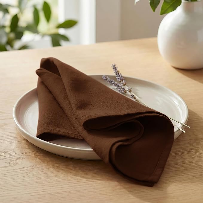 PurpleEssences Set of 12 Cloth Dinner Napkins 100% Cotton 18x18 Inch - Soft Durable Washable - Ideal for Farmhouse Party Spring Easter Summer - Perfect Everyday Use Table Linen - Nut Brown