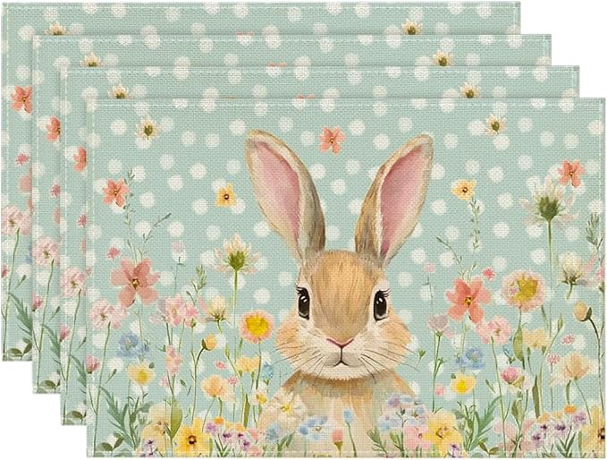 Artoid Mode Blue Bunny Polka Dot Easter Placemats Set of 4, 12x18 Inch Flower Seasonal Spring Holiday Table Mats for Party Kitchen Dining Decoration