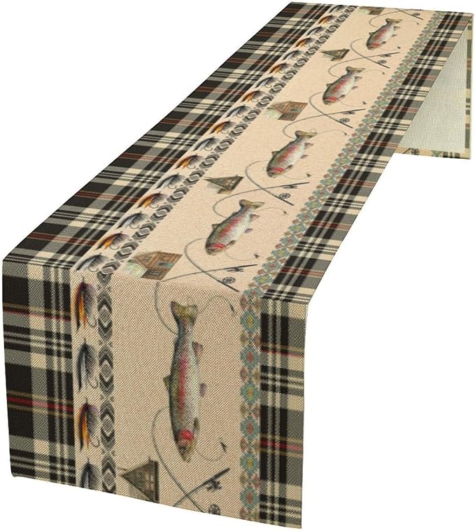 Fishing Table Runner Vintage Rustic Cabin Rods Lure Southwestern Check Art Printed Dinner Runner for Home Kitchen Dining Table Decor Fabric 1 Panel W13xL60in