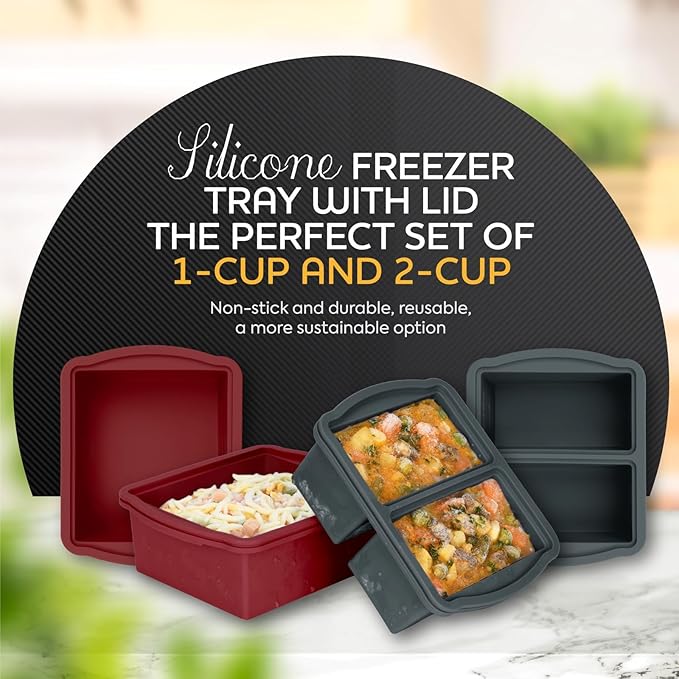 ZIP STANDING Silicone Freezer Trays with Lids, Set of 4 - with 1cup and 2 cup Silicone Freezer Molds for freezing soups, sauces and individual microwave safe