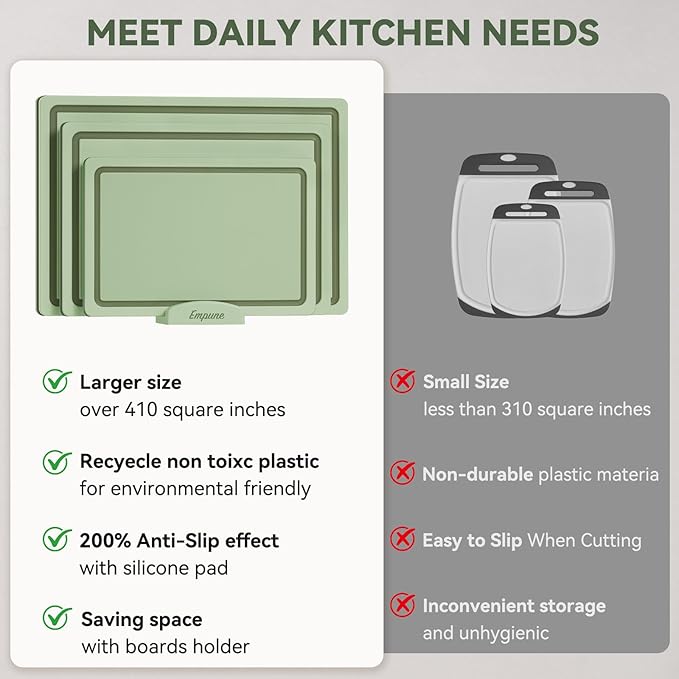 Empune Plastic Cutting Board Set, Recycled Plastic Cutting Boards for Kitchen (Set of 3), Dishwasher Safe Large Chopping Board with Holder, Non-slip Feet and Juice Grooves, Nonporous, Green