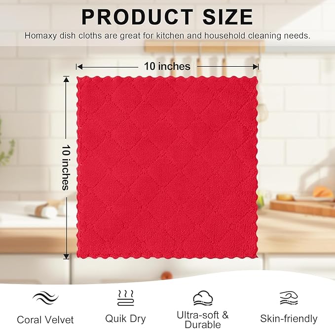Homaxy 24 Pack Kitchen Dish Cloths (10 x 10 Inches, Red), Super Soft and Absorbent Coral Velvet Dish Towels, Nonstick Oil Fast Drying Microfiber Cleaning Cloth, No Lint Household Dishcloths
