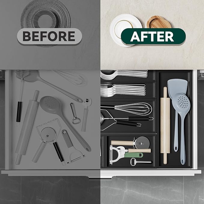 Lixple Bamboo Drawer Organizer, Cutlery Silverware Organizer for Kitchen Drawer, Stackable Utensil Organizer, 2 Pcs Flatware Organizer, Wooden Storage Box Tray (Black, 9 X 6 X 2 Inch)