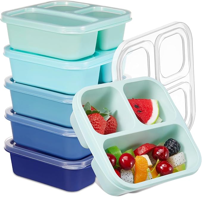 Honeydak 5 Pack Snack Containers 3 Compartment Bento Snack Boxes Divided Meal Prep Containers with Lids Reusable Adults Lunch Food Storage Box for School Work Travel (Blue Ombre)