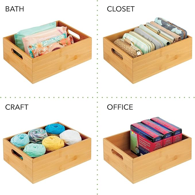 mDesign Bamboo Kitchen Cabinet & Fridge Drawer Organizer Tray with Handle - Storage Bin for Cutlery, Serving Spoons, Cooking Utensils, Gadgets - Natural Wood Finish