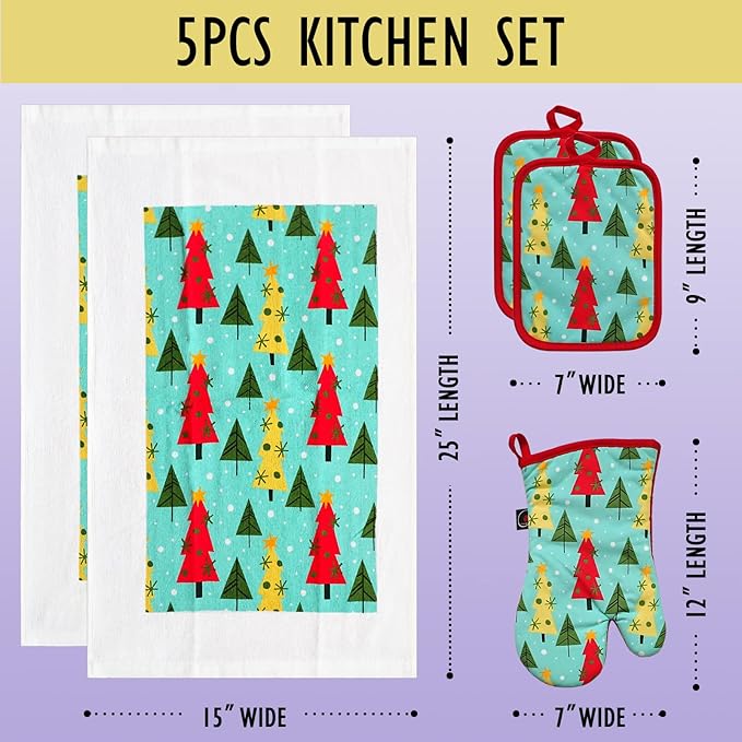 Oven Mitts and Potholders Dish Towles Set 100% Cotton for Perfect for Gifting, Baking and Everyday Cooking Durable Heat Resistant for Kitchen (5-Piece Christmas Tree)
