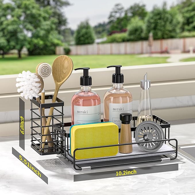 Large Family-Sized Sponge Holder for Kitchen Sink Organizer - Sink Caddy with Instant Drying Stone, Stainless Steel Sponge Holder for Sponges, Scrubbers, Soap, Home Countertop Organizer