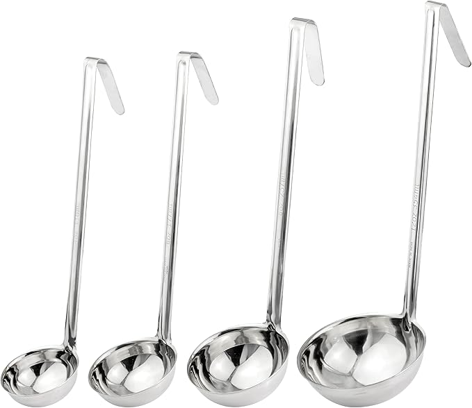 Fit Meal Prep Stainless Steel Soup Ladle One-Piece Sauce Spatula with Hook Handles, Commercial Grade Serving Spoon, Kitchen Tool for Restaurant or Home Cooking [Pack of 4] - 4oz, 6oz, 8oz, 12oz