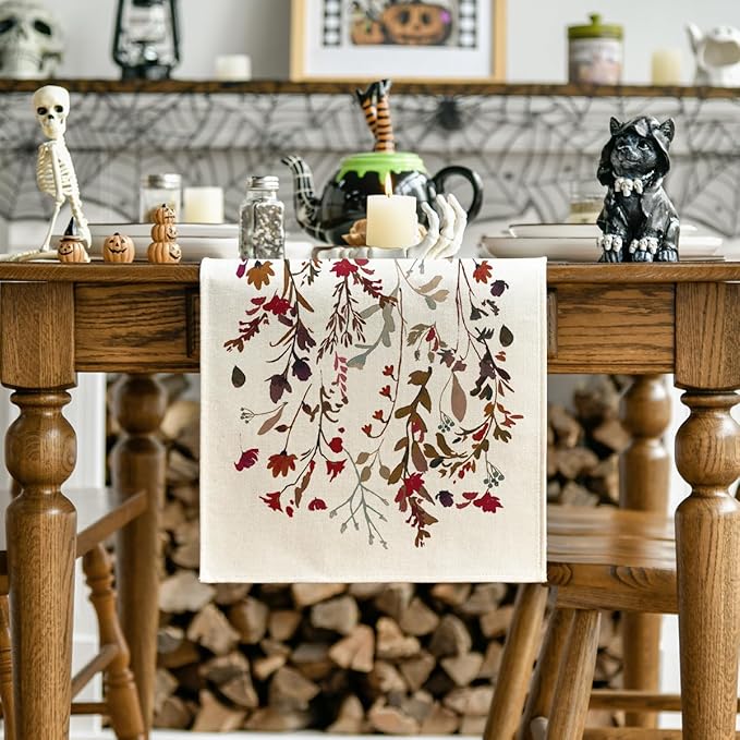 Artoid Mode Weeds Flowers Leaves 210 GSM Halloween Table Runner,Seasonal Fall Kitchen Dining Table Decoration for Home Party Decor 13x72 Inch