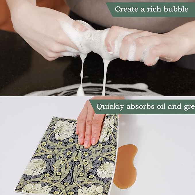 Whaline William Morris Swedish Kitchen Dishcloth Vintage Floral Absorbent Cotton Kitchen Towel Colorful Flower Dish Towel for Party Home Housewarming Cleaning Counter Wipes, 7 x 8 Inch, 6Pcs