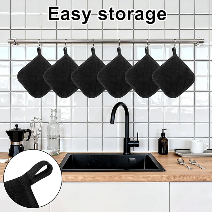 2 Pcs Cotton Pot Holders, 17cm/6.7-Inch Square Potholders for Kitchen, Non Slip Kitchen Pot Holders Cotton Lining Hot Pads for Baking Cooking Oven (Black)