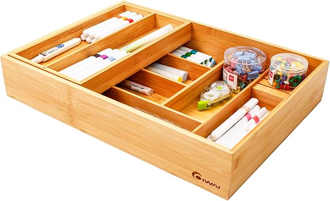 COIWAI Double Layer Bamboo Kitchen Drawer Organizer Cutlery Utensil Silverware Drawer Organizer, Silverware Tray for Drawer Removable Utensil Holder Flatware Organizer Multi-use Storage Box (L)