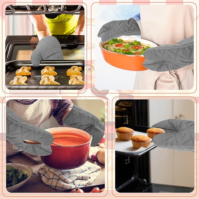 6 Pairs Heat Resistant Oven Mitts Kitchen Oven Gloves 11 Inch Long Quilted Cotton Polyester Kitchen Gloves for Cooking, Baking, Grilling BBQ (Grey)