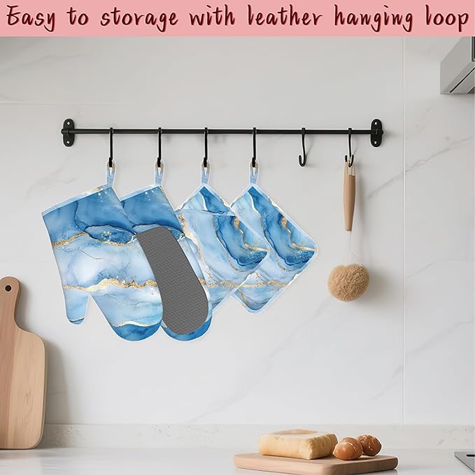 Blue Gold Marble Heat-Resistant Silicone Oven Mitts and Pot Holder 4 Piece Set,Non-Slip Kitchen Oven Gloves for Baking, BBQ, Cooking,Grilling