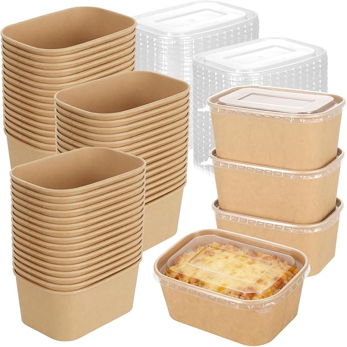 50 Pack 33oz Disposable Kraft Paper Bowls with Lids, Rectangle Meal Prep Containers Bulk, Large Paper Salad Bowl, Leakproof Food Containers Treat Soup Serving Bowls, Microwave Safe for Hot/Cold Food