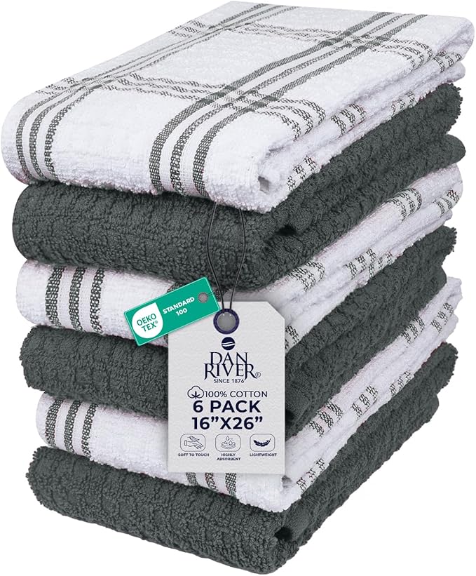 DAN RIVER Premium Kitchen Towels - [Pack of 6] 100% Cotton (16x 26 Inches) -Super Soft,Highly Absorbent, Quick Dry, Dish Towels for Kitchen Towels - Grey