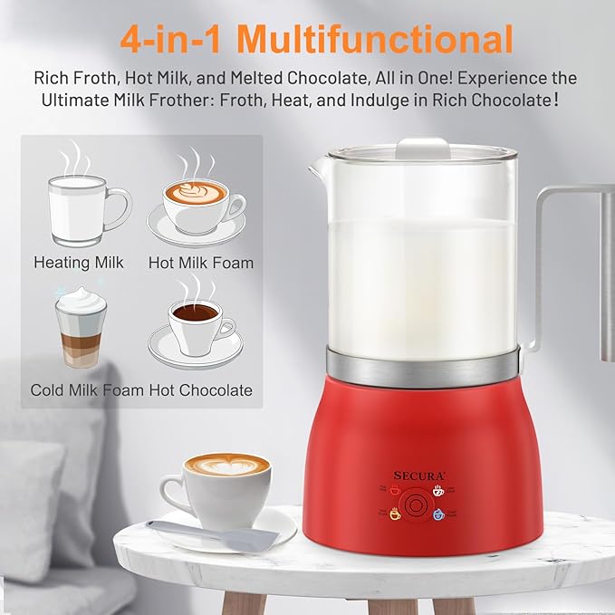Secura Detachable Milk Frother and Steamer, 17oz Electric Milk Warmer 4-in-1 Hot/Cold Foam Maker, Teflon-Free and Non-Stick Coating-Free Glass Milk Jug, Dishwasher Safe for Latte, Hot Chocolate (Red)