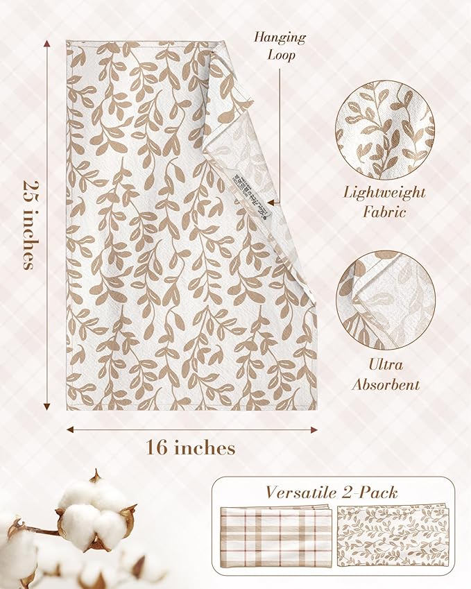 Miss Adola 2pcs Flour Sack Kitchen Towels - 18"x 26" Cotton Kitchen Hand Towels with Hanging Loop Reusable Geometric Beige Plaid Floral Tea Towel Absorbent Dishcloths Home Decor, Botanical Floral