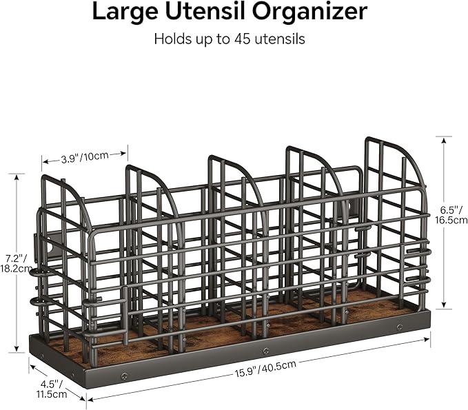 Large Utensil Holder for Kitchen Counter, Wall Mounted Cooking Utensil Holder with 4 Adjustable Compartments, Countertop Caddy, Kitchen Organizer for Countertop, Pantry, Party, Rustic Black and Brown