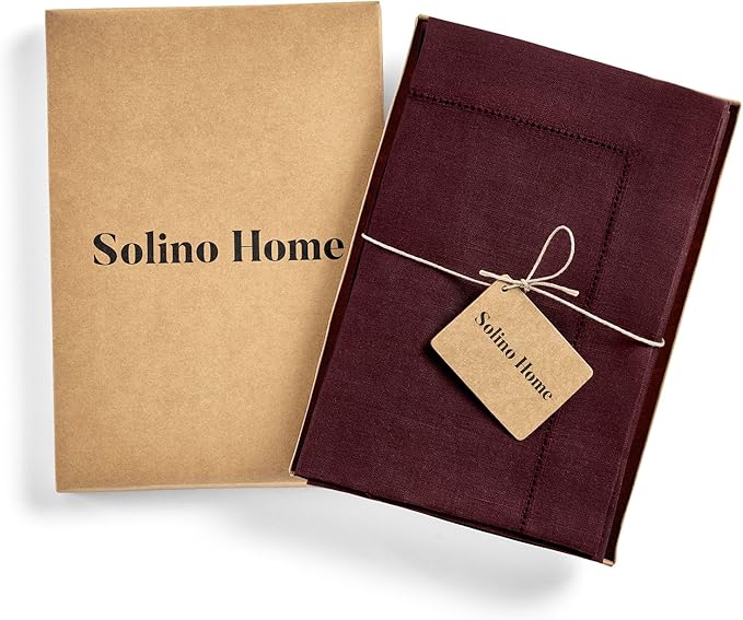 Solino Home Linen Cloth Napkins Set of 4-100% Pure Linen Burgundy Dinner Napkins 20 x 20 Inch for Mothers Day - Classic Hemstitch, Handcrafted and Machine Washable