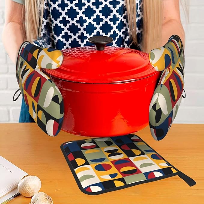 Retro Mid Century Modern Oven Mitts and Pot Holders Set Vintage Decorative Heat Resistant Microwave Oven Gloves for BBQ Baking Grilling Cooks Kitchen Decor 3 Piece