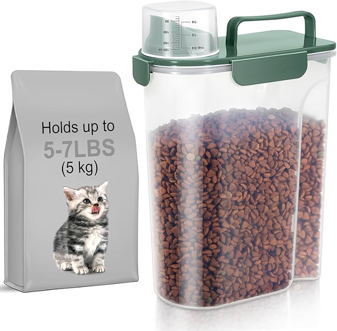LEAWALK 5-7Lbs Cat Dog Storage Container, Portable Pet Food Containers with Upgraded Large Spout and Cup, Small Animal Kibble Dispenser for Bird Seed, Oatmeal, Rice, Flour, Brown Sugart-Dark Green