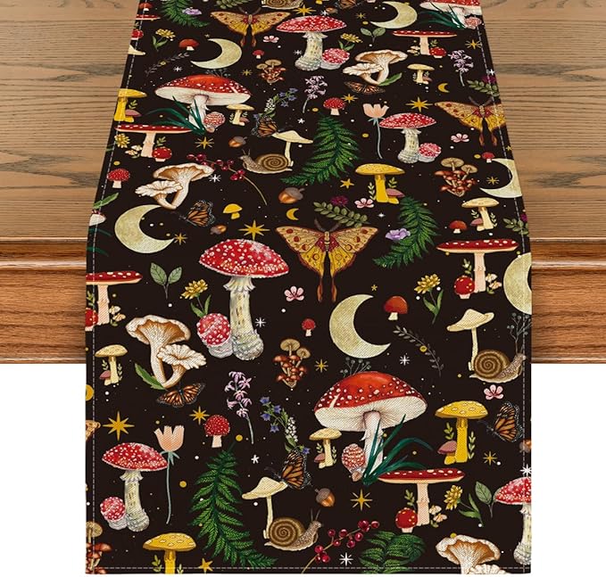 Artoid Mode Black Modern Mushroom Fall Table Runner, Seasonal Botanic Farmhouse Kitchen Dining Table Decoration for Home Party Decor 13x72 Inch