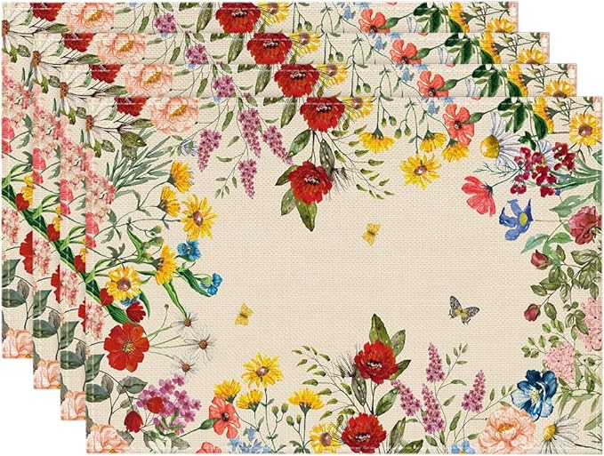Artoid Mode Vintage Floral Spring Placemats Set of 4, 12x18 Inch Seasonal Holiday Table Mats for Party Kitchen Dining Decoration