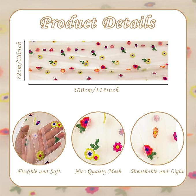 YATOJUZI Champagne Table Runner Embroidery Daisy Summer Floral Decorations Seasonal Tulle Dining Table Runners for Home Kitchen Decor Wedding Shower Party