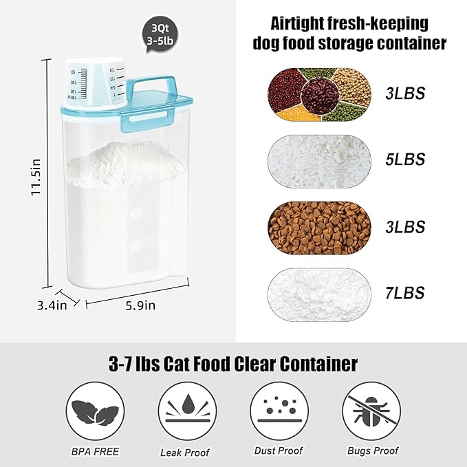 LEAWALK Airtight 3.5LBS Rice/Cereal/Dry Food Storage Container BPA Free, 2.11Qt Clear Plastic Kitchen and Pantry Organization Bin Suitable for Oats, Flour, Sugar, Pasta, Pet Food, etc (Clear Blue)