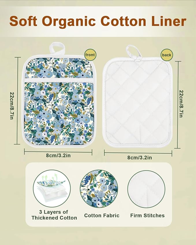 Swooflia 100% Cotton Pot Holders 2 Pack Set for Kitchen with Pockets - Cute 440°F Heat Resistant Oven Hot Pads Heavy Duty for Countertop Home Cooking Baking Microwave BBQ Vintage Flower