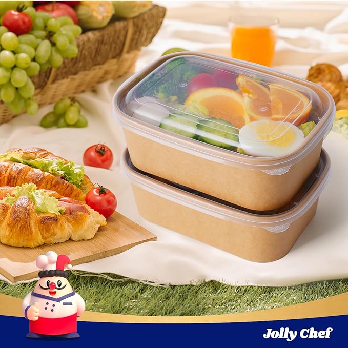 JOLLY CHEF 25 oz 50 Pack Paper Meal Prep Containers with Lids, Rectangular Disposable Food Containers, Brown Paper Bowls with Lids for Thanksgiving, Christmas, Parties