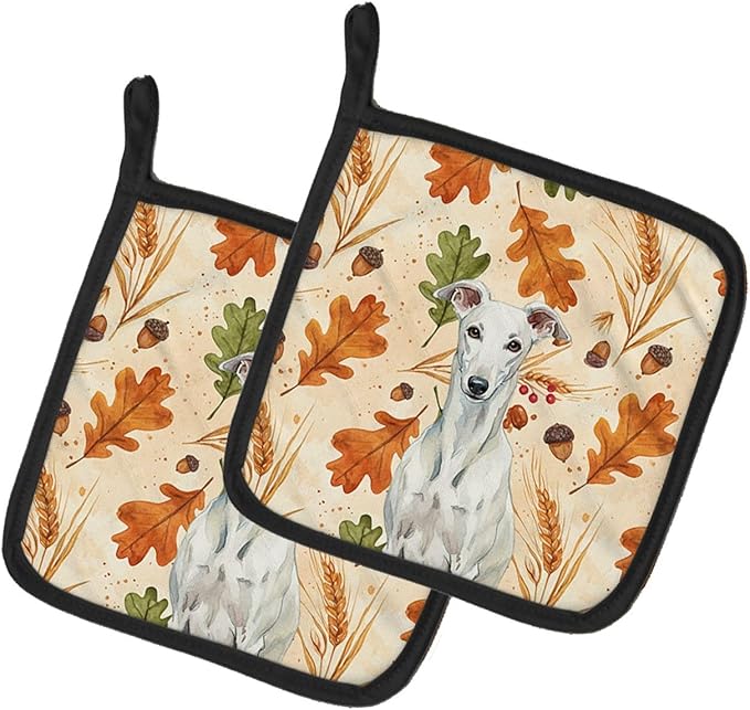 Caroline's Treasures White Greyhound Heirloom Fall Pair of Pot Holders Pair 7.5x7.5 Quilted Insulated Hot Pads Decorative Kitchen Gift Made in USA
