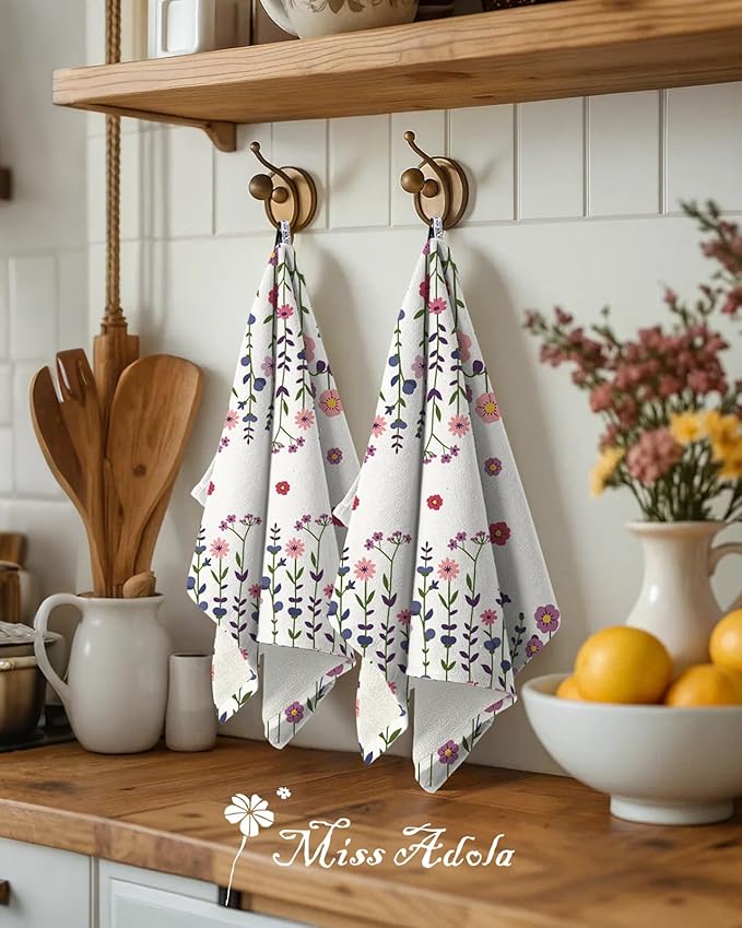 Miss Adola Cotton Kitchen Towels Set of 2 - Cute Design 16×26 Inch Dish Towels for Kitchen with Hanging Loop Purple Flower Quick Dry Hand Towels Soft & Absorbent, Terry Cloth Decorative Tea Towels
