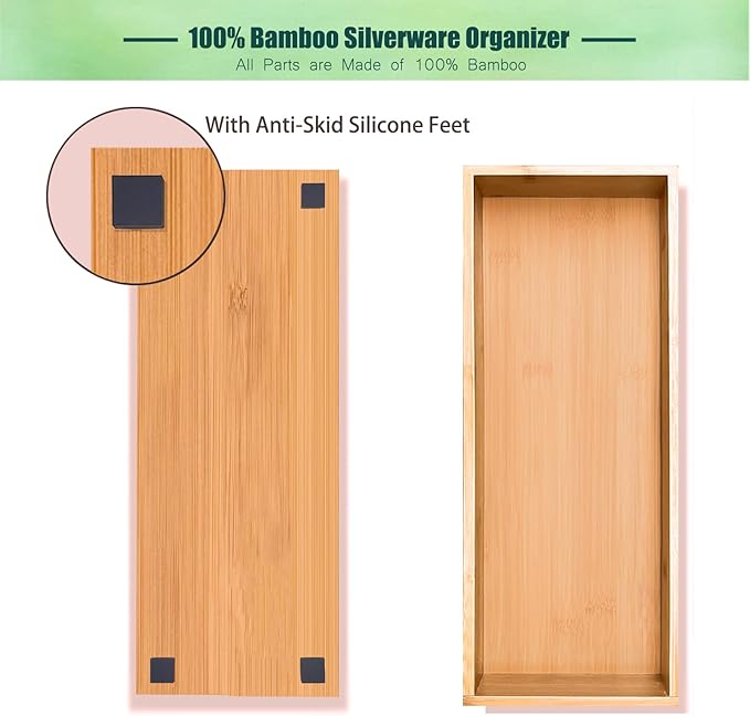 guiogc Bamboo Drawer Organizer, Utensil Organizer for Kitchen, Bamboo Storage Box Wood Silverware Tray for Drawer Set of 2