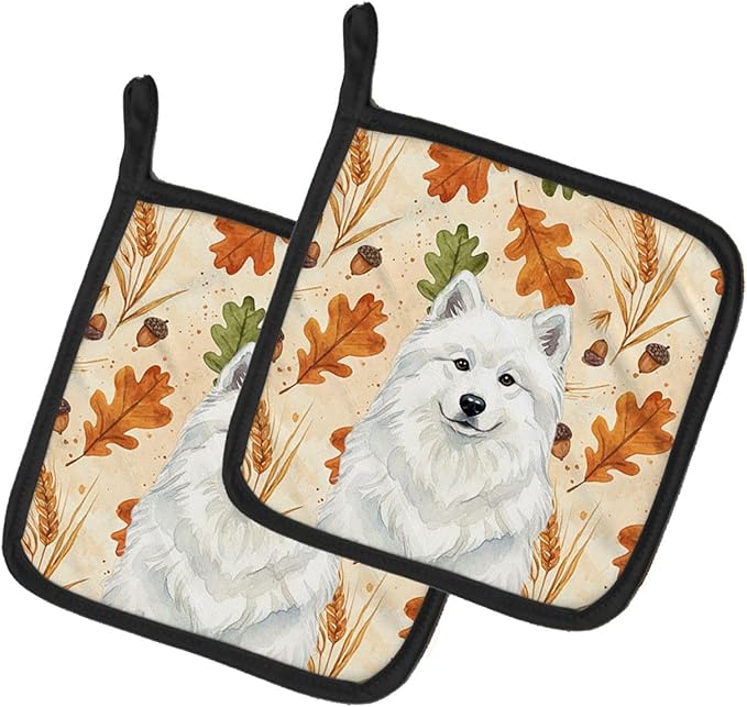 Caroline's Treasures White Samoyed Heirloom Fall Pair of Pot Holders Pair 7.5x7.5 Quilted Insulated Hot Pads Decorative Kitchen Gift Made in USA